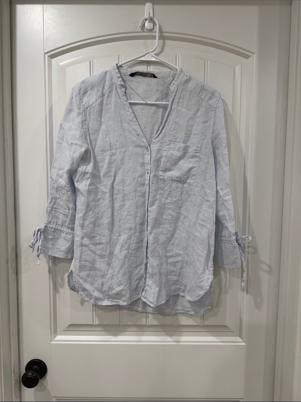 EUC Zara Light Blue Linen Button-Down Tie-Sleeve Shirt